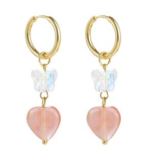 Gold Hoop Butterfly & Heart Dangle Earrings – 1.85 x 0.59 Inch Cute Charm Drop E